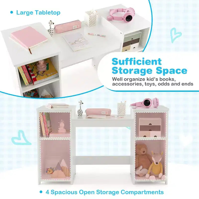 Set toeletta per bambini 2 in 1: Scrivania e sedia da trucco da principessa con specchio triplo sicuro