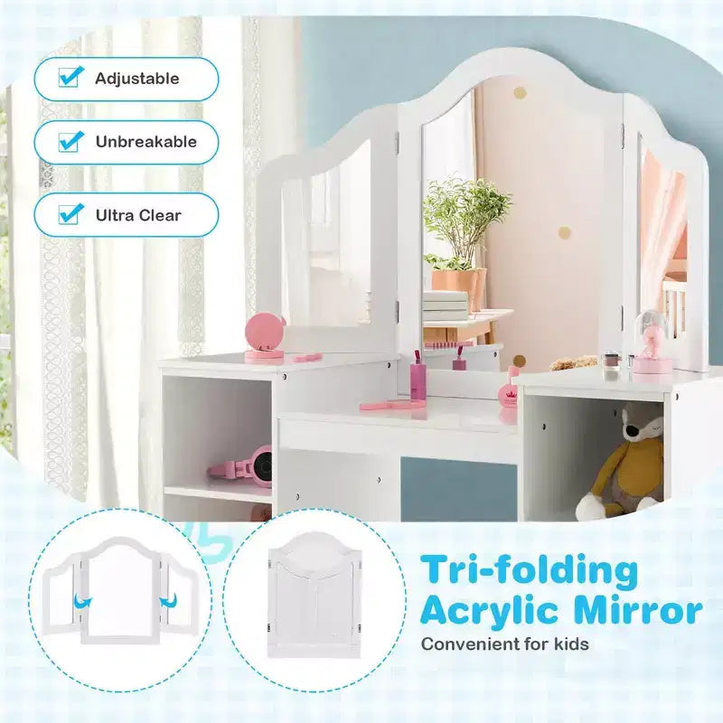 Set toeletta per bambini 2 in 1: Scrivania e sedia da trucco da principessa con specchio triplo sicuro