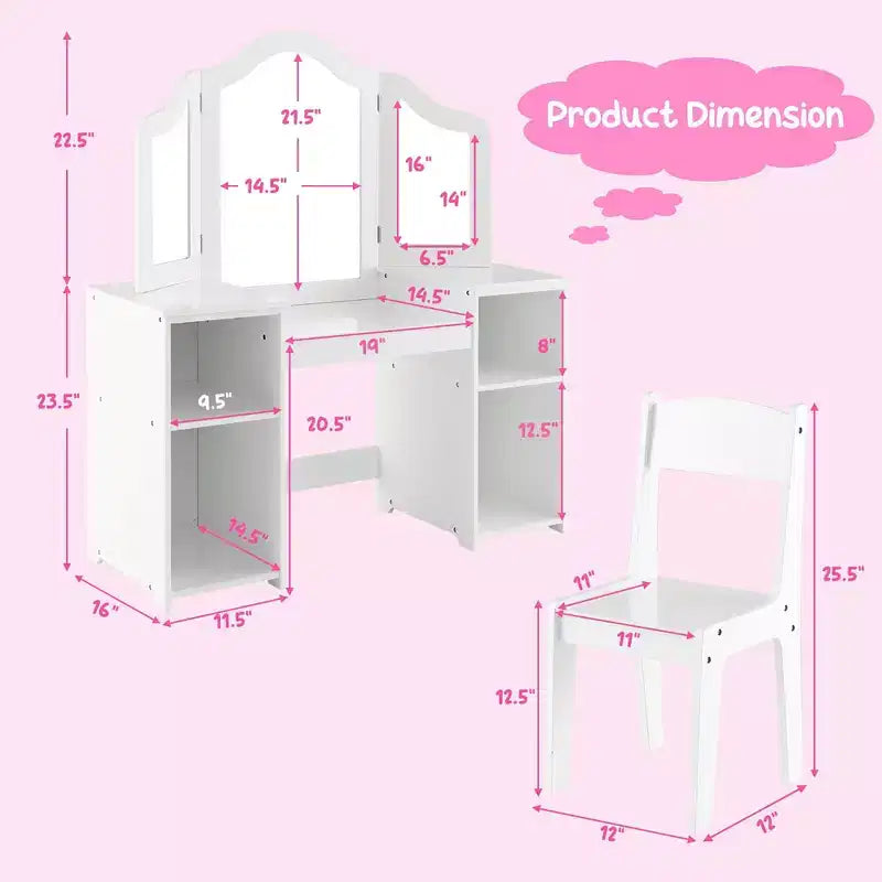 Set toeletta per bambini 2 in 1: Scrivania e sedia da trucco da principessa con specchio triplo sicuro