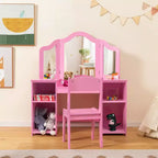 Set toeletta per bambini 2 in 1: Scrivania e sedia da trucco da principessa con specchio triplo sicuro