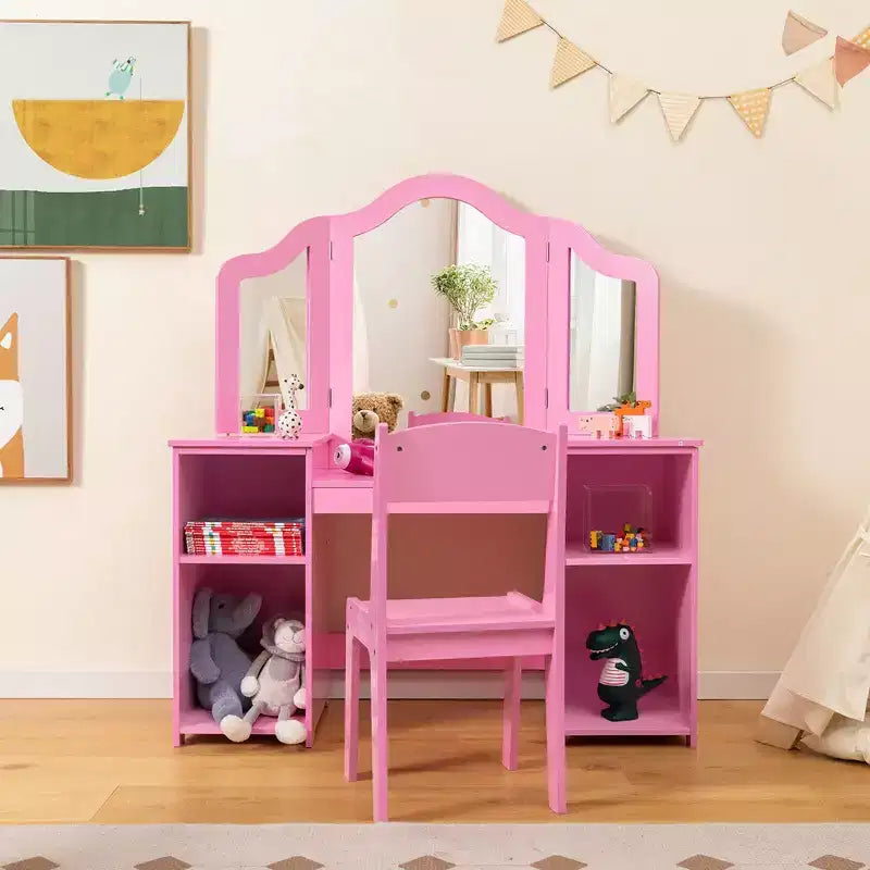 Set toeletta per bambini 2 in 1: Scrivania e sedia da trucco da principessa con specchio triplo sicuro
