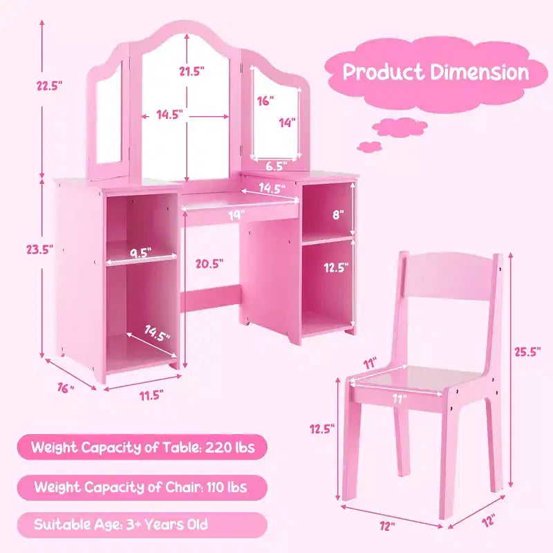 Set toeletta per bambini 2 in 1: Scrivania e sedia da trucco da principessa con specchio triplo sicuro