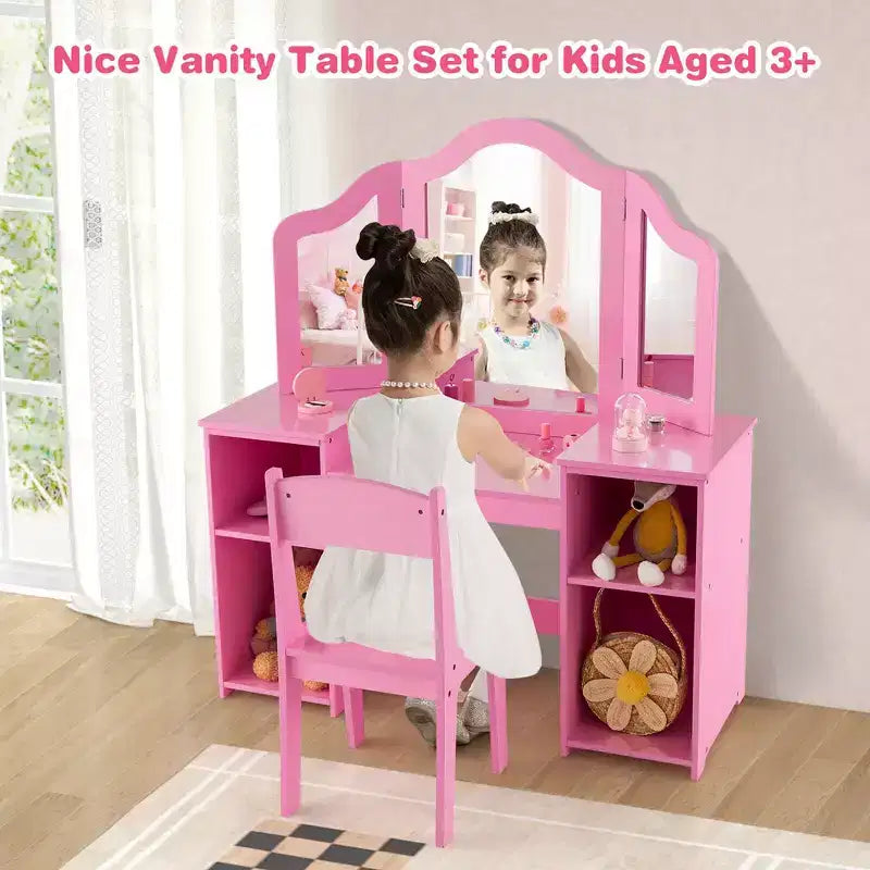 Set toeletta per bambini 2 in 1: Scrivania e sedia da trucco da principessa con specchio triplo sicuro