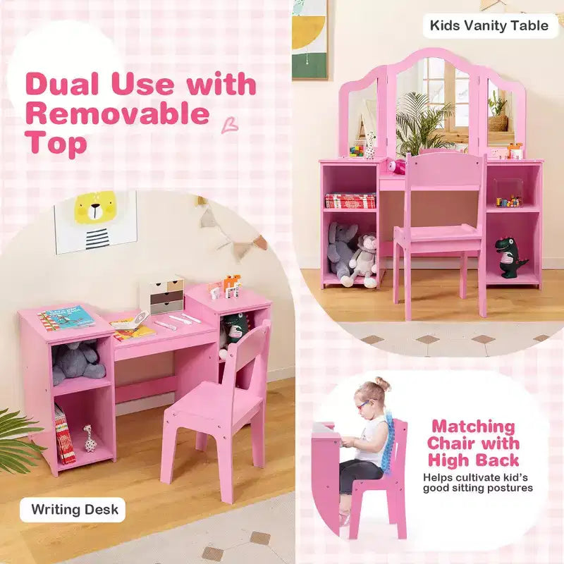 Set toeletta per bambini 2 in 1: Scrivania e sedia da trucco da principessa con specchio triplo sicuro