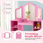 Set toeletta per bambini 2 in 1: Scrivania e sedia da trucco da principessa con specchio triplo sicuro
