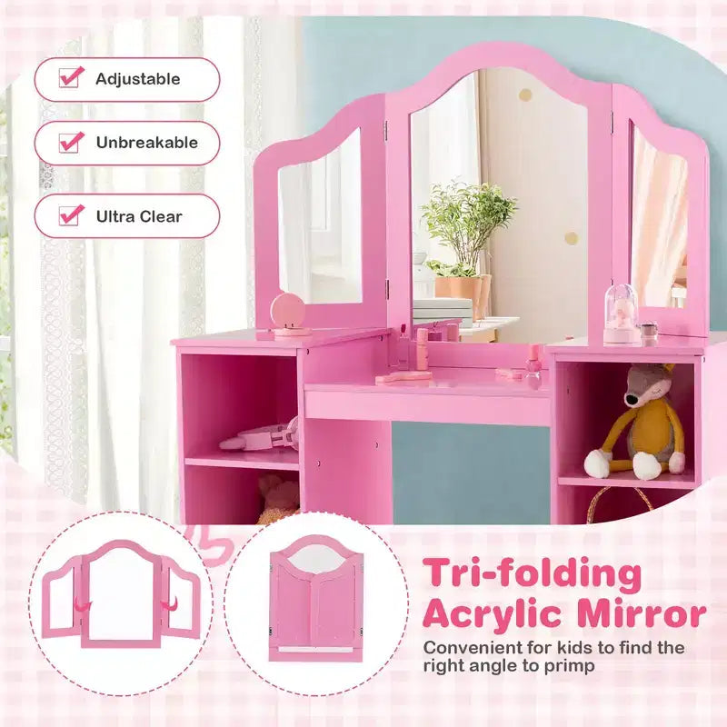 Set toeletta per bambini 2 in 1: Scrivania e sedia da trucco da principessa con specchio triplo sicuro