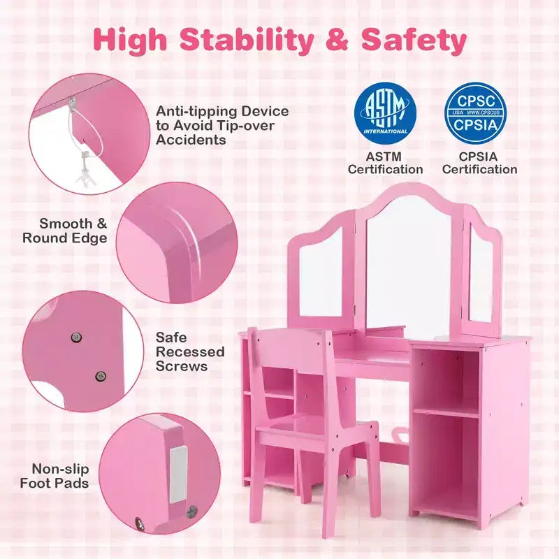 Set toeletta per bambini 2 in 1: Scrivania e sedia da trucco da principessa con specchio triplo sicuro