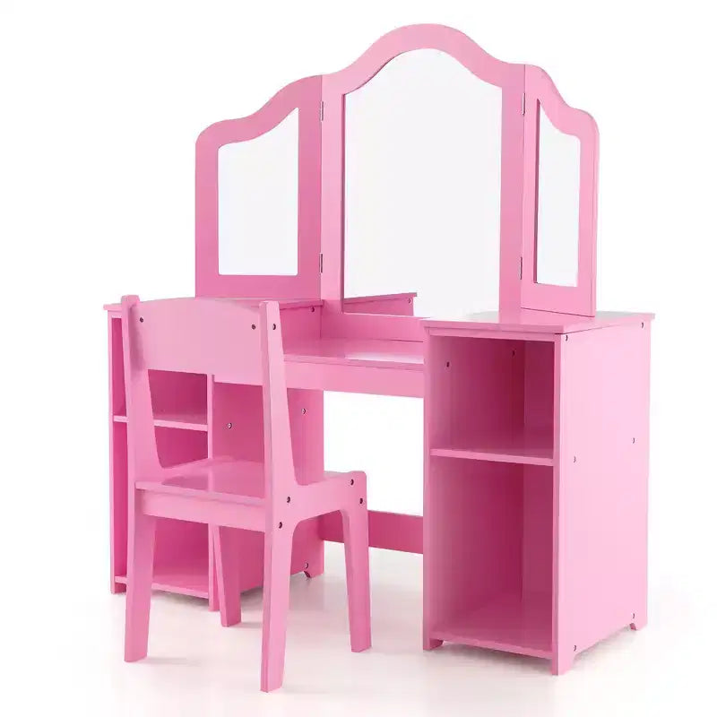 Set toeletta per bambini 2 in 1: Scrivania e sedia da trucco da principessa con specchio triplo sicuro