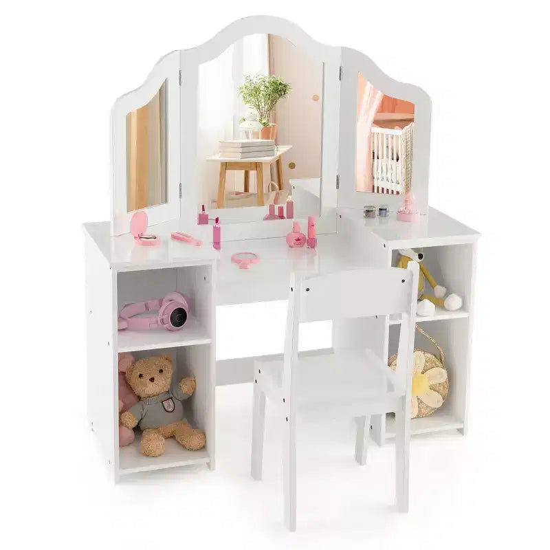 Set toeletta per bambini 2 in 1: Scrivania e sedia da trucco da principessa con specchio triplo sicuro