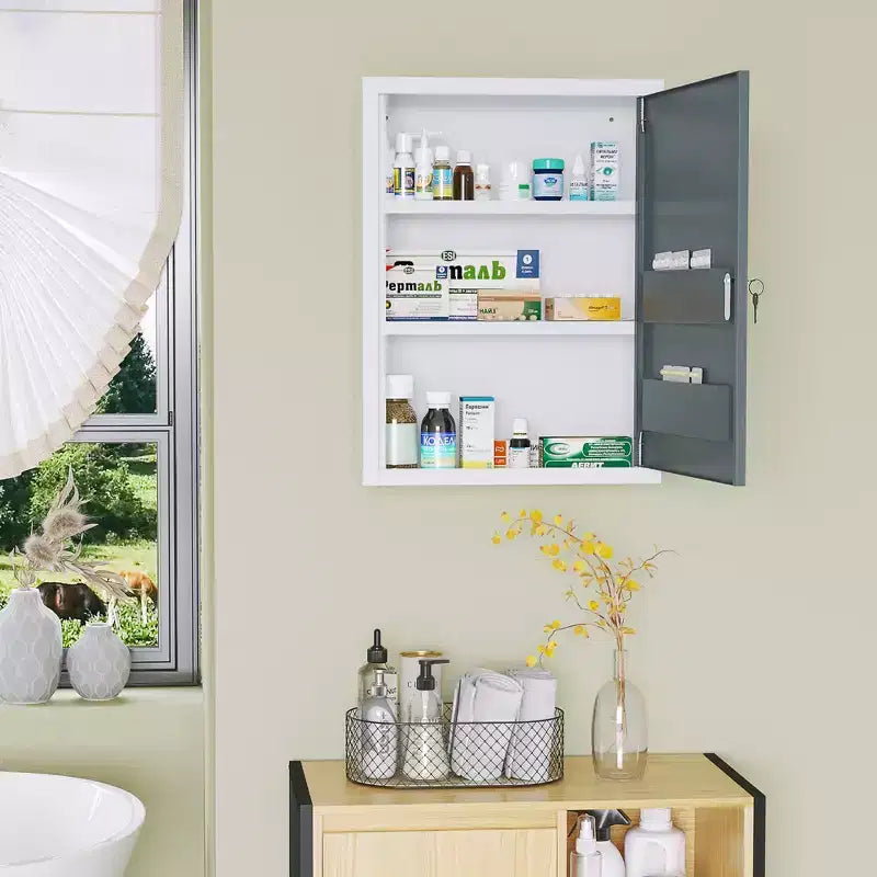 Armadietto dei Medicinali da Bagno con Ripiani Interni e Sull'Anta, Armadietto Medico con Chiusura di Sicurezza, Armadietto da Parete per Pronto Soccorso da Bagno, Bianco e Grigio
