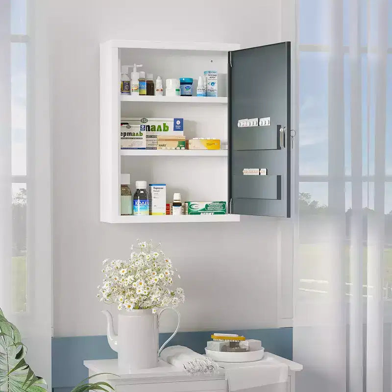 Armadietto dei Medicinali da Bagno con Ripiani Interni e Sull'Anta, Armadietto Medico con Chiusura di Sicurezza, Armadietto da Parete per Pronto Soccorso da Bagno, Bianco e Grigio