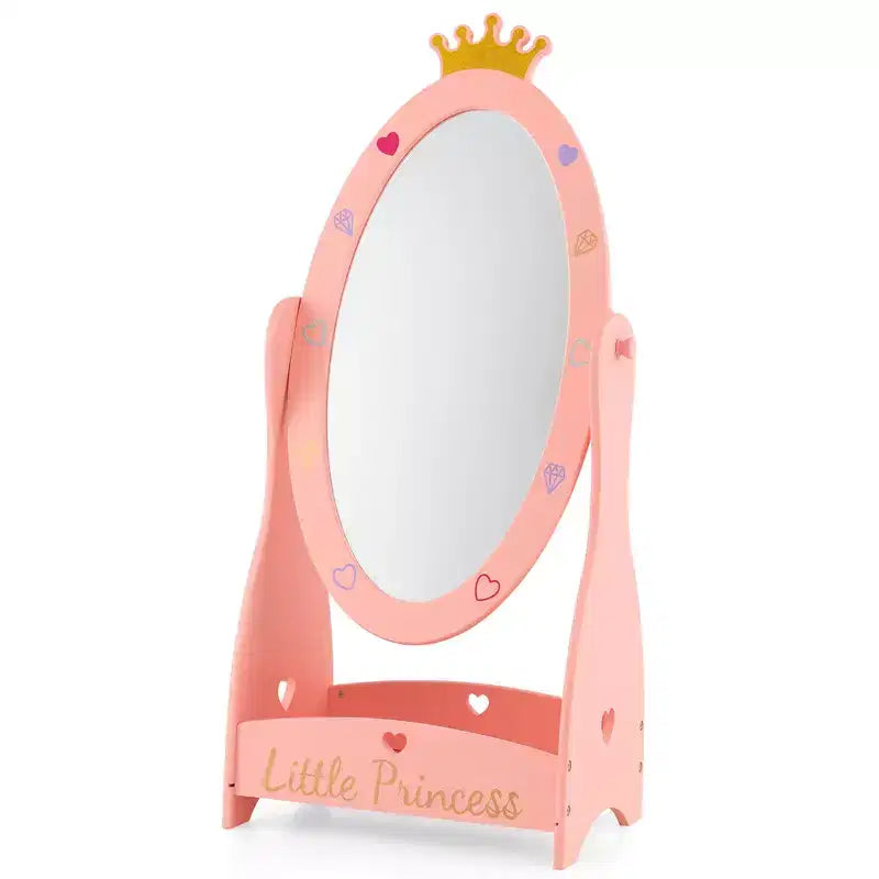 Specchio a figura intera per bambini, autoportante, girevole a 360°, in legno, per principessa, con spazio contenitivo, rosa