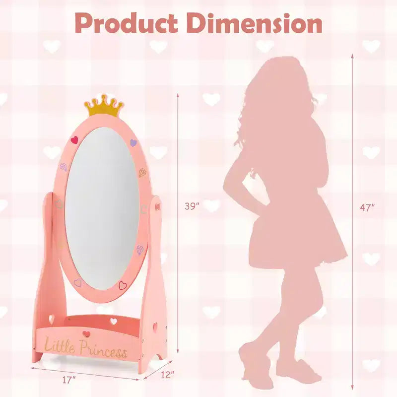 Specchio a figura intera per bambini, autoportante, girevole a 360°, in legno, per principessa, con spazio contenitivo, rosa