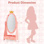 Specchio a figura intera per bambini, autoportante, girevole a 360°, in legno, per principessa, con spazio contenitivo, rosa