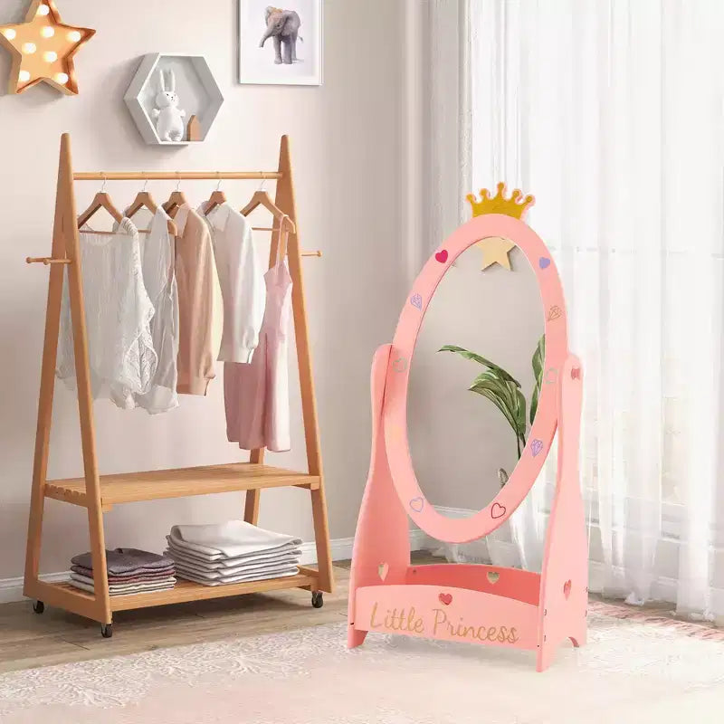 Specchio a figura intera per bambini, autoportante, girevole a 360°, in legno, per principessa, con spazio contenitivo, rosa
