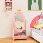 Specchio a figura intera per bambini, autoportante, girevole a 360°, in legno, per principessa, con spazio contenitivo, rosa