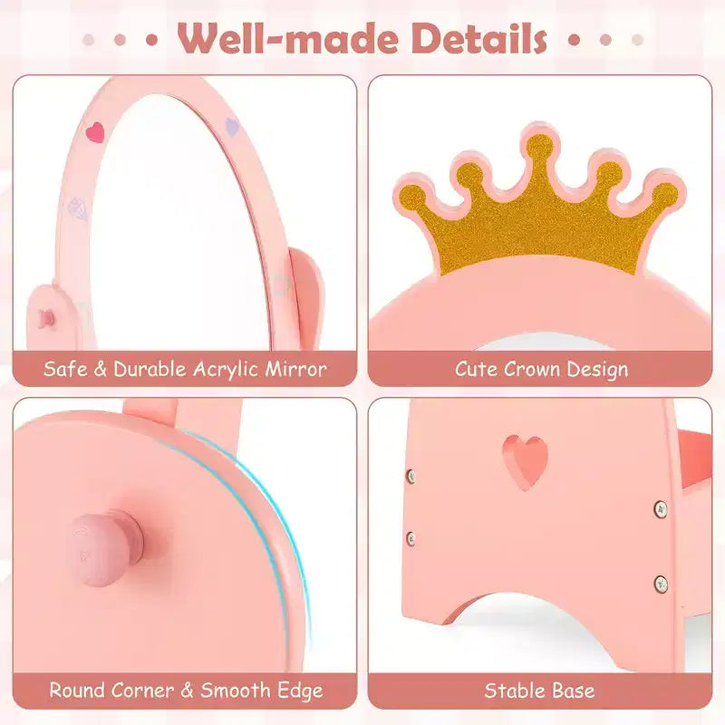 Specchio a figura intera per bambini, autoportante, girevole a 360°, in legno, per principessa, con spazio contenitivo, rosa
