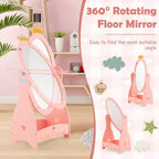 Specchio a figura intera per bambini, autoportante, girevole a 360°, in legno, per principessa, con spazio contenitivo, rosa