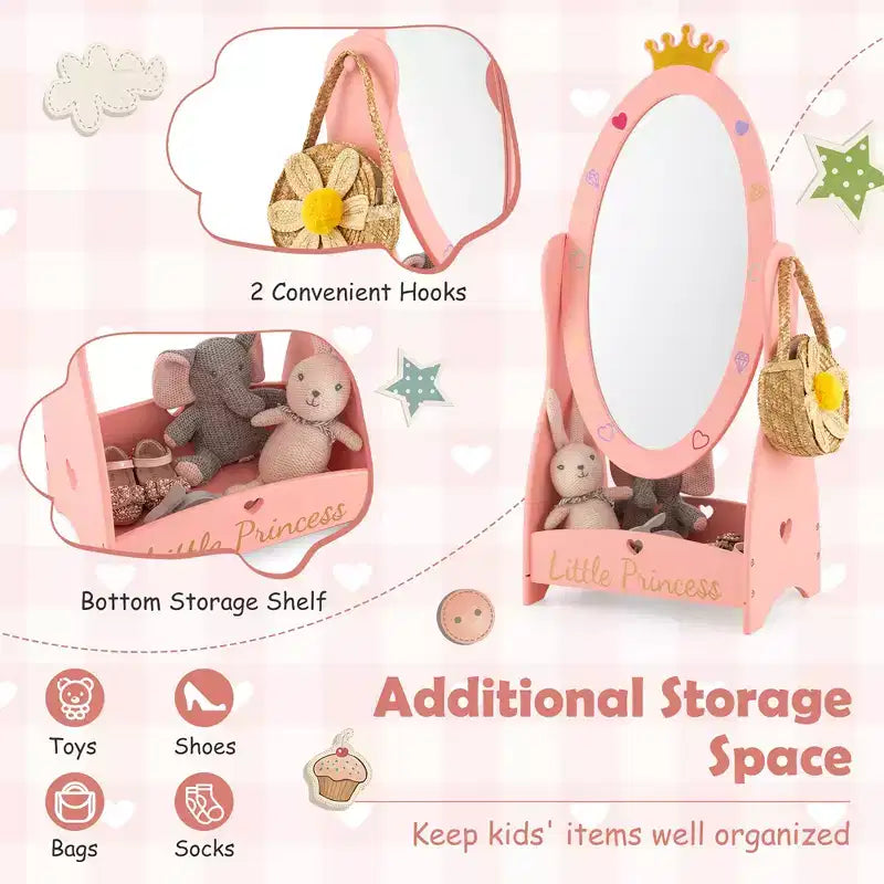 Specchio a figura intera per bambini, autoportante, girevole a 360°, in legno, per principessa, con spazio contenitivo, rosa