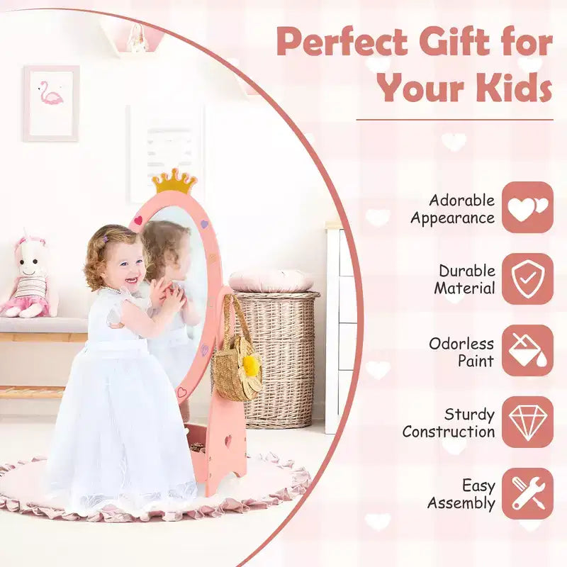 Specchio a figura intera per bambini, autoportante, girevole a 360°, in legno, per principessa, con spazio contenitivo, rosa